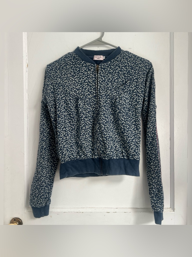Paul Smith Blue Floral Bomber Cropped Sweater Jacket Size S